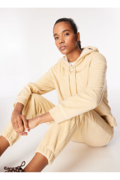 Discovery Expedition Bej Kadın Kapüşon Yaka Loose Fit Nakışlı Sweatshirt D4WL...