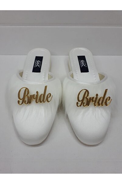 Ceyyiz Papuci de mireasă fără toc din pene de gâscă Bride, cu text ecru-auriu
