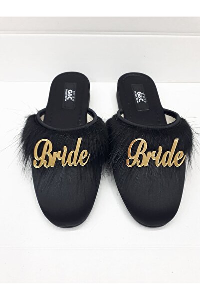 GC Terlikler Bride Bridal Heelless Goose Feather Slippers Black-Gold Written