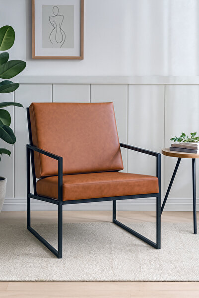 WATERYBROOK Deri Taba Berjer Metal Iskandinav Koltuk - Ofis Büro Koltuğu - - Balkon Mobilyası - Siyah Metal -