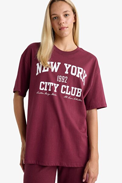 DeFacto Oversize Geniş Kalıp Bisiklet Yaka Baskılı Kısa Kollu Tişört F7876AX25AU