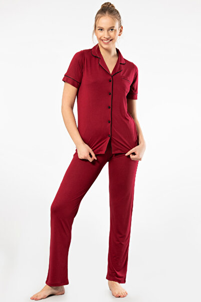 TÜREN Plain Short Sleeve Shirt Collar Pajama Set 3368 Claret Red 3368/Claret Red