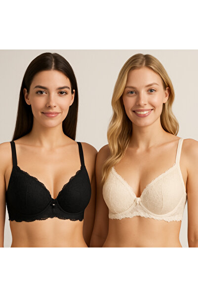 Pierre Cardin 2'li Ekonomik Paket Ekru Siyah 6808 Rome Yarı Destekli Sırt Detay Dantelli Sütyen Set