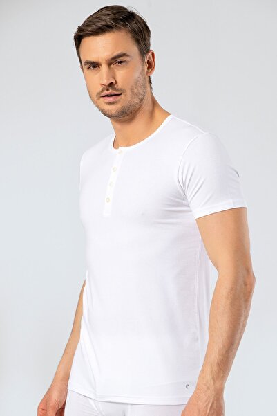 Cacharel Men's Crew Neck Buttoned T-Shirt 1308/White