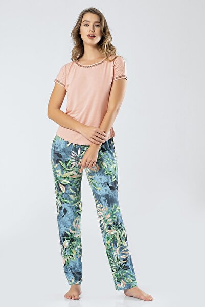 TÜREN Yapraklı Kısa Kollu Pijama Takım 3357/Petrol