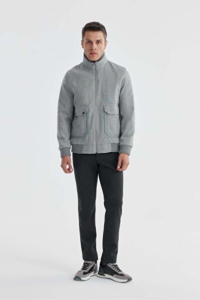 Jakamen Gri Comfort Fit Kürklü yaka Yünlü Mont