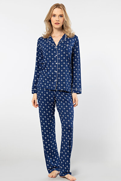 TÜREN Σετ πιτζάμες με μακρυμάνικο σχέδιο λουλουδιών - γιακά πουκάμισου, Navy 3379