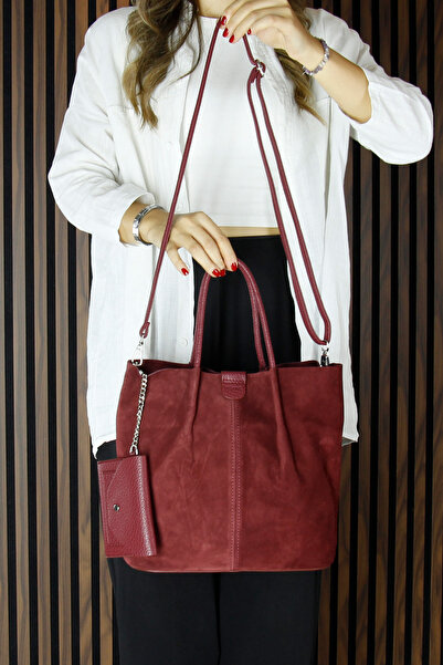 Erkan Saçmacı Burgundy Genuine Cowhide Suede Magnetic Closure Inner Pocket Strap Daily Large Size Shoulder Bag and Wallet