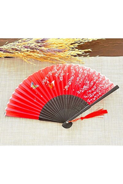BERG Kırmızı, Beyaz Çiçekli Desenli Bambu Şık Japon Yelpaze Lüks Özel Tasarım