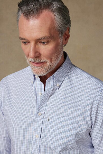 Abbate Aldomar Poplin Pamuklu Comfort Fit Açık Mavi Düğmeli Yaka Erkek Kareli Gömlek