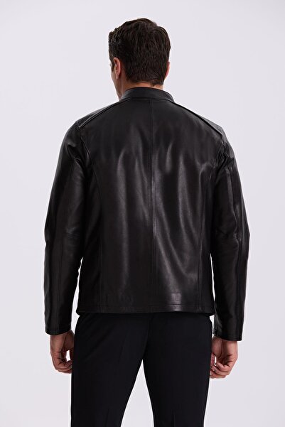 Jakamen Black Comfort Fit Stand Collar 100% Leather Coat