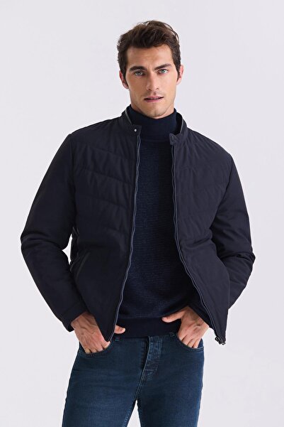 Jakamen Μπλε Navy Comfort Fit Εποχιακό παλτό με γιακά και φερμουάρ μπροστά