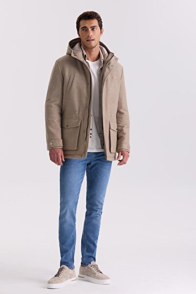 Jakamen Beige Comfort Fit Hooded Woolen Coat