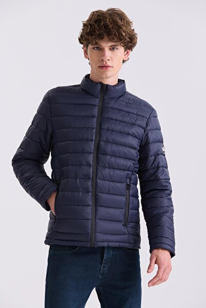 Jakamen Navy Blue Slim Fit Judge Collar Puffer Jacket
