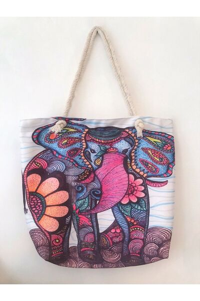 BERG - Geantă de plajă elegantă cu model elefant cu cadou ventilator din lemn