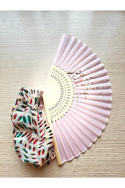 BERG - Pembe Bambu Yelpaze Ve Kırmızı, Yeşil Desenli Paraşüt Bandana Hediyeli