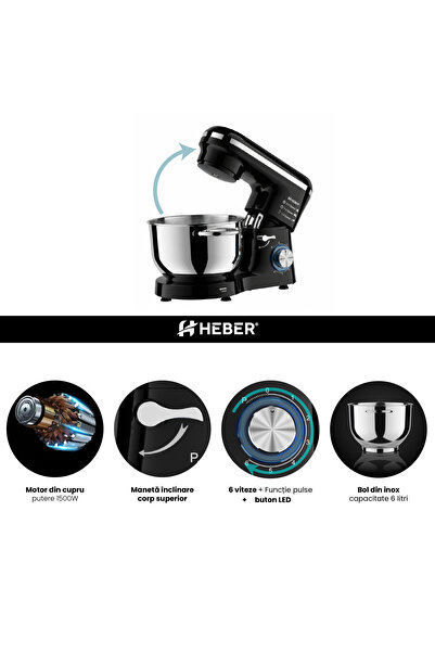 Heber Mixer with stainless steel bowl HBR-1518N, 1500 W, 6.2 L stainless steel bowl, 6 speeds, black