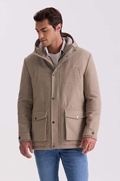 Jakamen Beige Comfort Fit Hooded Woolen Coat