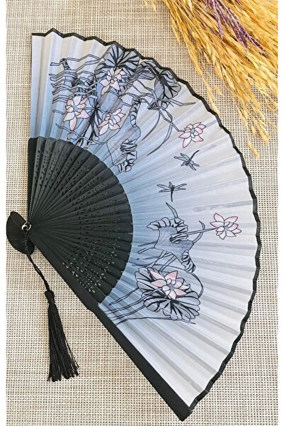 BERG - Gri Yelpaze Bambu Ve Kumaş Sakura Çiçekli