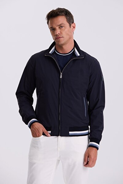 Jakamen Navy Blue Comfort Fit Stand Collar Relaxed Cut Seasonal Coat