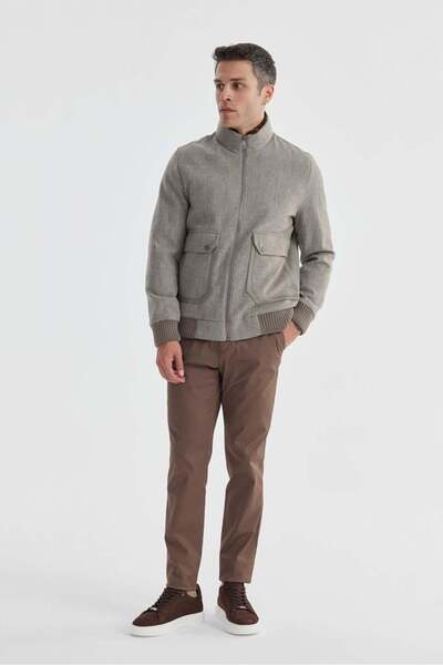 Jakamen Kahve Comfort Fit Kürklü yaka Yünlü Mont