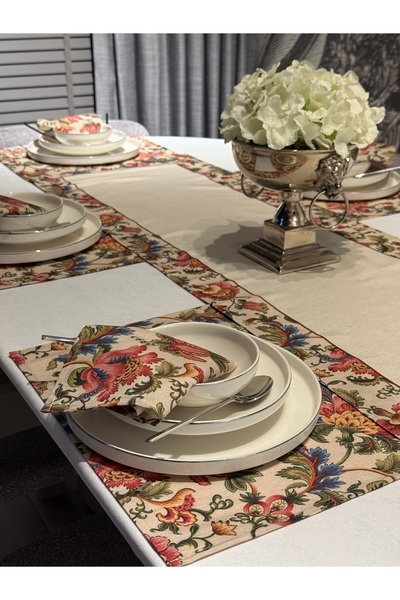 Heriya Linen 6-Piece Hürrem Pattern 6 American Serving & 1 Runner - 6 Napkins