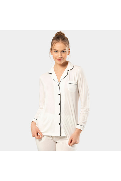 TÜREN Plain Long Sleeve Shirt Collar Pajama Suit 3365/Ecru