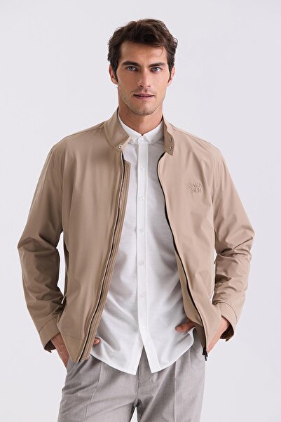 Jakamen Μπεζ Comfort Fit Stand Collar Εποχιακό παλτό με φερμουάρ μπροστά