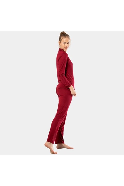 TÜREN Plain Long Sleeve Shirt Collar Pajamas Suit 3365/Bordo