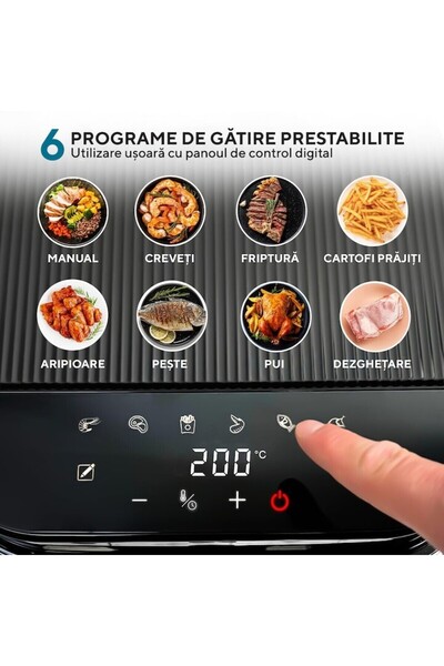 Heber Air Fryer Heber®, Milano, inox grill, 5.5L, glass bowl, 8 programs, 1200W