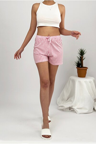 Betimoda Women's Four Seasons Soft Basic Cotton Elastic Waist High Waist Pajama Shorts Pink Striped