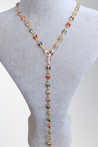 Birmem Kadın Çok Renkli Mineli Kelebek Tasarım Altın Kaplama Y Kolye