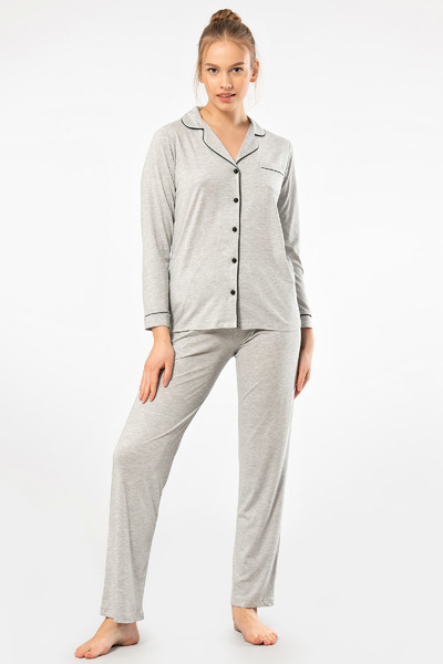 TÜREN Straight Long Sleeve Shirt Collar Pajama Suit 3365/Grey