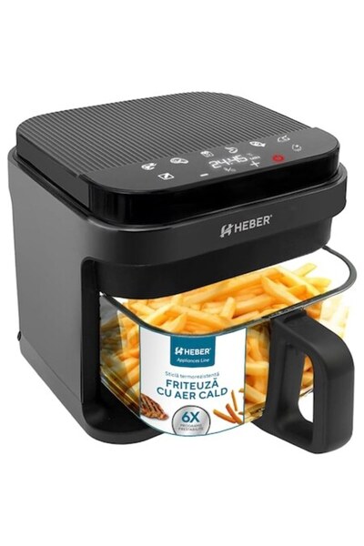 Heber Air Fryer Heber®, Milano, inox grill, 5.5L, glass bowl, 8 programs, 1200W