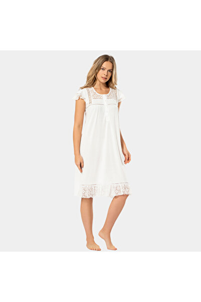 TÜREN Women's Cream Lace Detailed Buttoned Short Sleeve Nightgown 3284