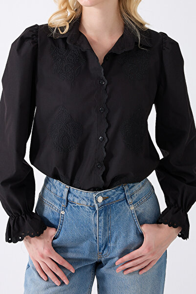Butik Vintage Embroidered Shirt with Fisto Detail Black - Fumel