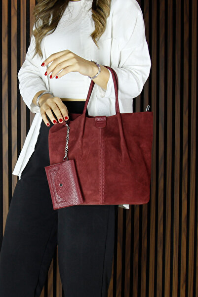 Erkan Saçmacı Burgundy Genuine Cowhide Suede Magnetic Closure Inner Pocket Strap Daily Large Size Shoulder Bag and Wallet
