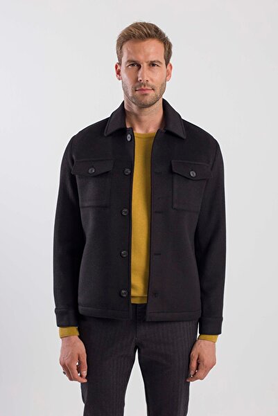 Jakamen Siyah Comfort Fit Bebe Yaka Yünlü Mont