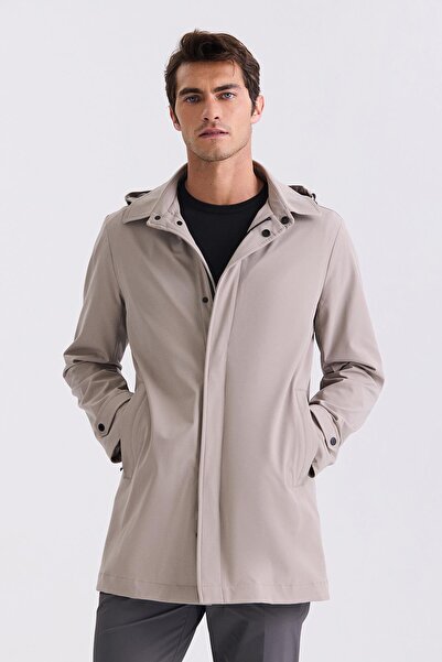 Jakamen Beige Comfort Fit Hooded Classic Model Coat with Hidden Zipper