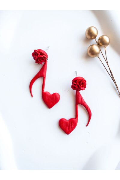BeuBella Aksesuar Özel Tasarım Kırmızı Polimer Kil Gül Detay Kalpli Nota Küpe