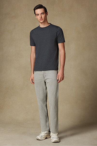 Abbate Easy Penye Pamuklu Comfort Fit Koyu Gri Bisiklet Yaka Erkek Düz T-Shirt