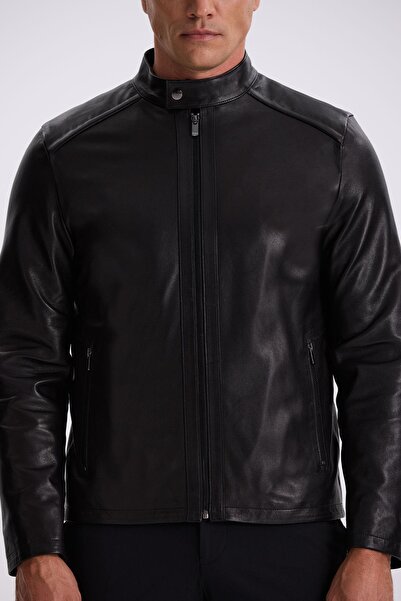 Jakamen Black Comfort Fit Stand Collar 100% Leather Coat