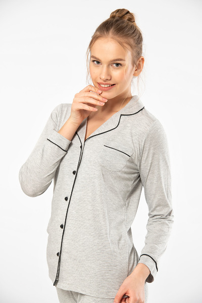 TÜREN Straight Long Sleeve Shirt Collar Pajama Suit 3365/Grey