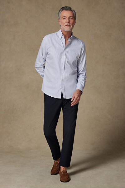 Abbate Aldomar Poplin Pamuklu Comfort Fit Açık Mavi Düğmeli Yaka Erkek Kareli Gömlek