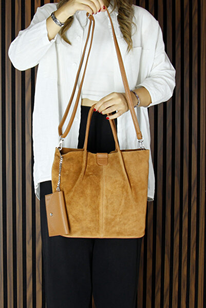 Erkan Saçmacı Τσάντα ώμου και πορτοφόλι καθημερινής χρήσης μεγάλου μεγέθους, από γνήσιο δέρμα αγελάδας, με μαγνητικό κλείσιμο και εσωτερική τσέπη με λουράκι