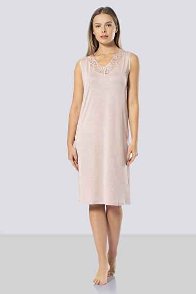 TÜREN Γυναικείο νυχτικό με δαντέλα με λαιμόκοψη σε σχήμα V 3285/Πούδρα