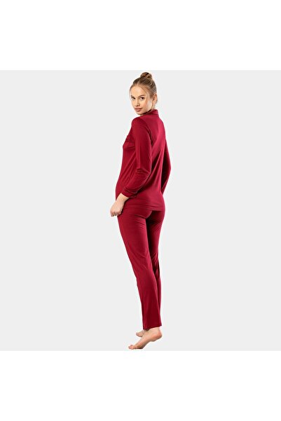 TÜREN Plain Long Sleeve Shirt Collar Pajamas Suit 3365/Bordo