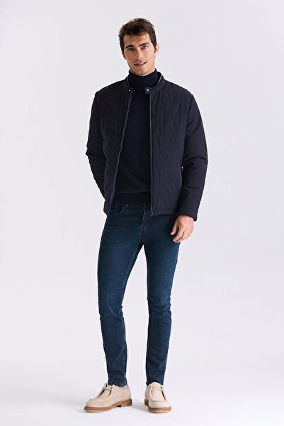 Jakamen Μπλε Navy Comfort Fit Εποχιακό παλτό με γιακά και φερμουάρ μπροστά