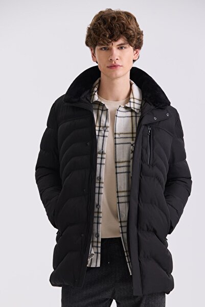 Jakamen Siyah Regular Fit Yaka Kürklü Kışlık Mont Mont