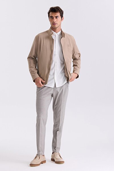 Jakamen Μπεζ Comfort Fit Stand Collar Εποχιακό παλτό με φερμουάρ μπροστά